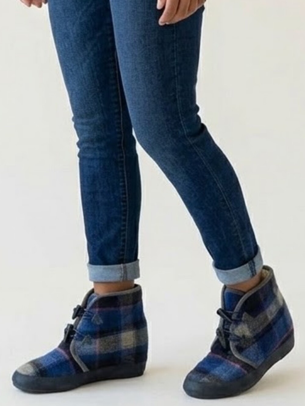 💚Women’s Plaid Winter Ankle Boots - Blue/Grey Hidden Wedge 6.5